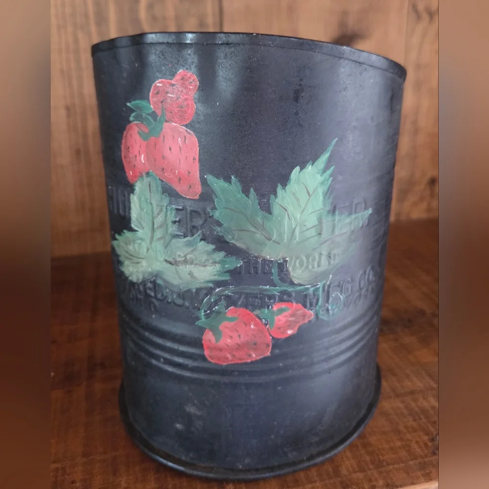1950s Hunters Hand Flour Sifter Wood Handle Primitive Tole Painted Strawberries